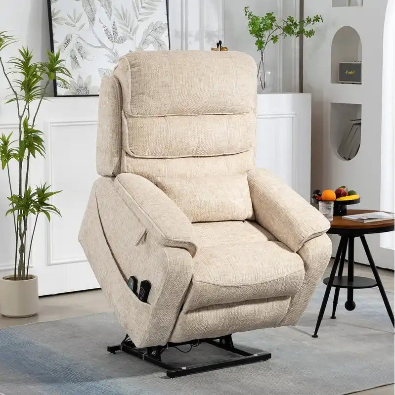 Poltrona Reclinabile Elettrica Doppia con Motore, con Funzione Alzapersona, Riscaldamento, Massaggio e Cuscino Lombare, in Crema / Grigio / Beige / Marrone, per 1 Persona