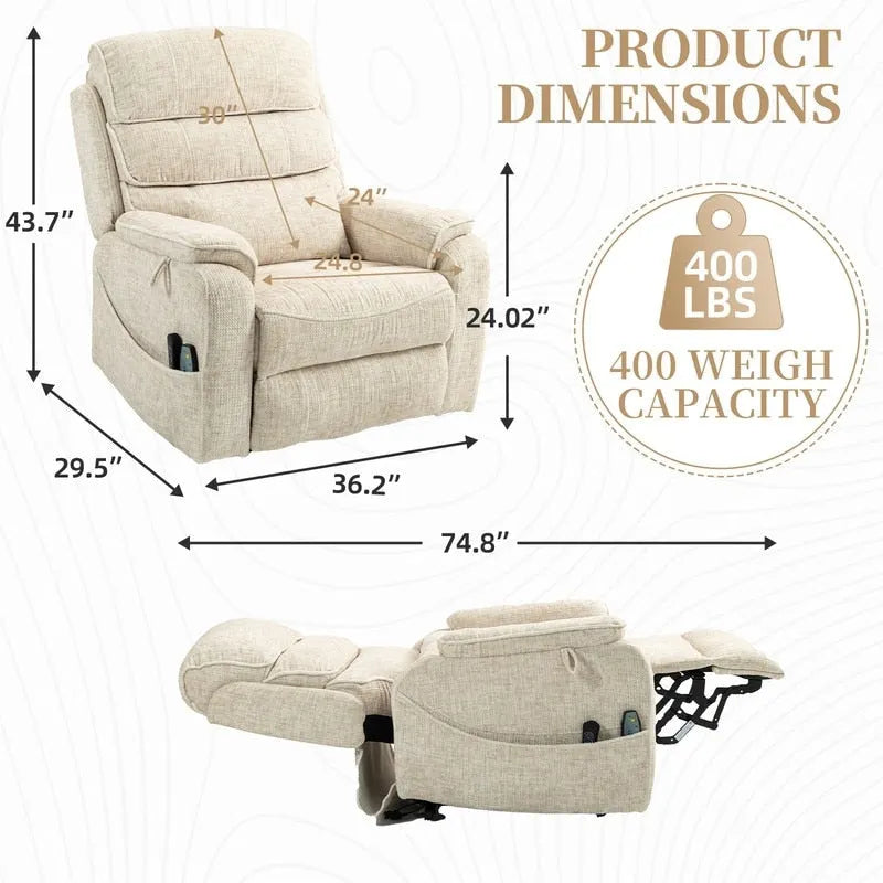 Poltrona Reclinabile Elettrica Doppia con Motore, con Funzione Alzapersona, Riscaldamento, Massaggio e Cuscino Lombare, in Crema / Grigio / Beige / Marrone, per 1 Persona