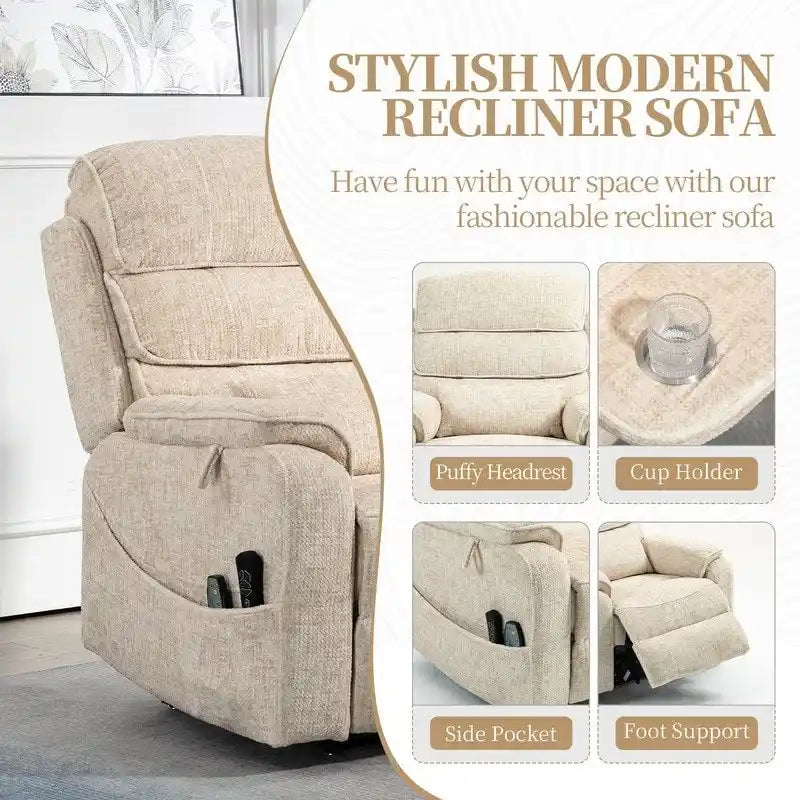 Poltrona Reclinabile Elettrica Doppia con Motore, con Funzione Alzapersona, Riscaldamento, Massaggio e Cuscino Lombare, in Crema / Grigio / Beige / Marrone, per 1 Persona