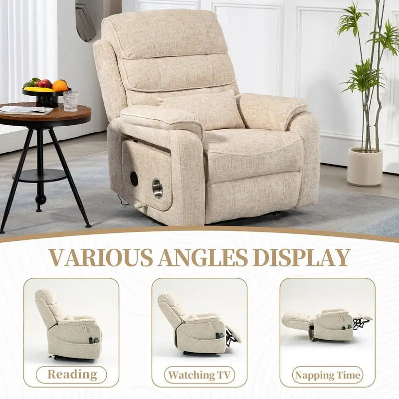 Poltrona Reclinabile Elettrica Doppia con Motore, con Funzione Alzapersona, Riscaldamento, Massaggio e Cuscino Lombare, in Crema / Grigio / Beige / Marrone, per 1 Persona