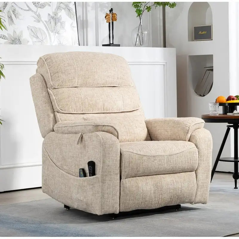 Poltrona Reclinabile Elettrica Doppia con Motore, con Funzione Alzapersona, Riscaldamento, Massaggio e Cuscino Lombare, in Crema / Grigio / Beige / Marrone, per 1 Persona
