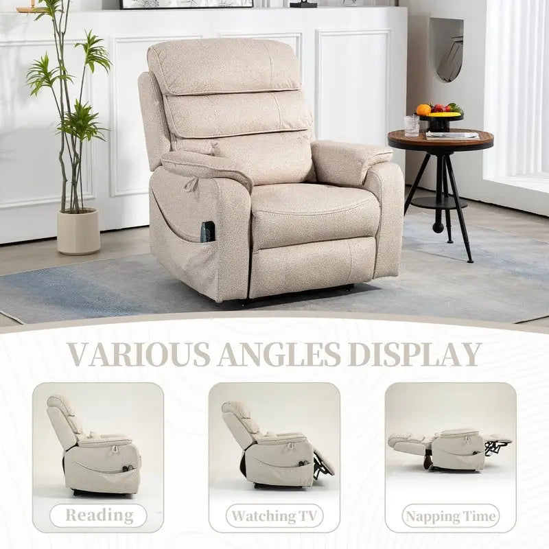 Poltrona Reclinabile Elettrica Doppia con Motore, con Funzione Alzapersona, Riscaldamento, Massaggio e Cuscino Lombare, in Crema / Grigio / Beige / Marrone, per 1 Persona