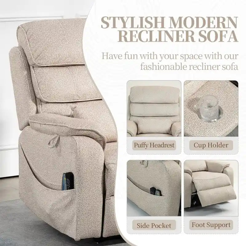 Poltrona Reclinabile Elettrica Doppia con Motore, con Funzione Alzapersona, Riscaldamento, Massaggio e Cuscino Lombare, in Crema / Grigio / Beige / Marrone, per 1 Persona