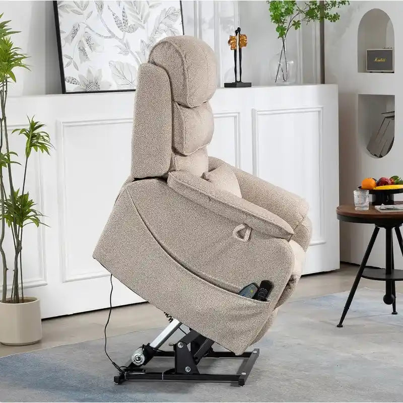 Poltrona Reclinabile Elettrica Doppia con Motore, con Funzione Alzapersona, Riscaldamento, Massaggio e Cuscino Lombare, in Crema / Grigio / Beige / Marrone, per 1 Persona