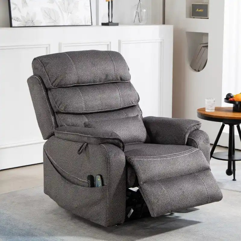 Poltrona Reclinabile Elettrica Doppia con Motore, con Funzione Alzapersona, Riscaldamento, Massaggio e Cuscino Lombare, in Crema / Grigio / Beige / Marrone, per 1 Persona