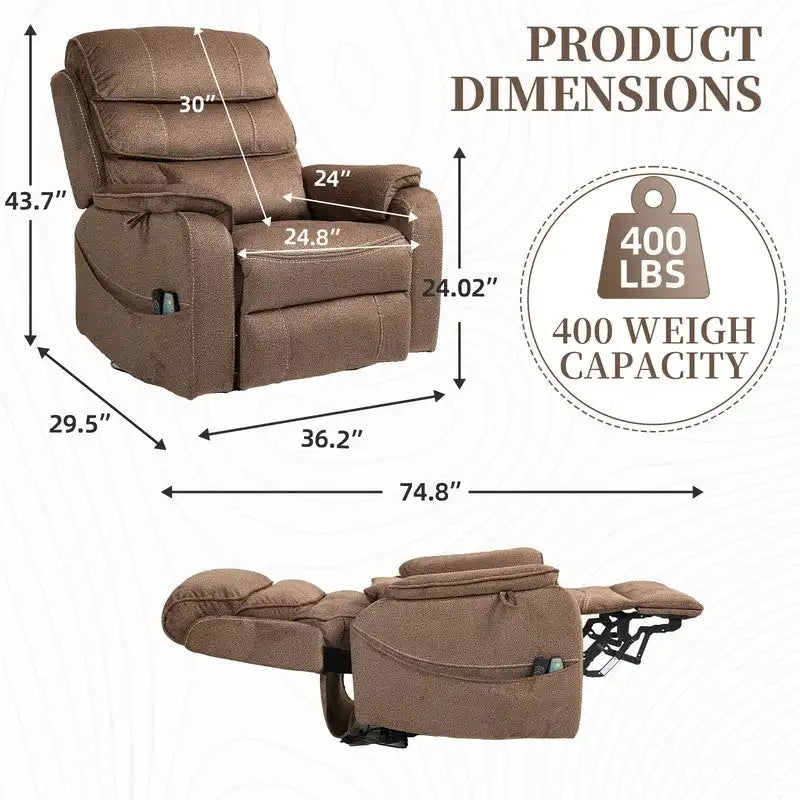 Poltrona Reclinabile Elettrica Doppia con Motore, con Funzione Alzapersona, Riscaldamento, Massaggio e Cuscino Lombare, in Crema / Grigio / Beige / Marrone, per 1 Persona