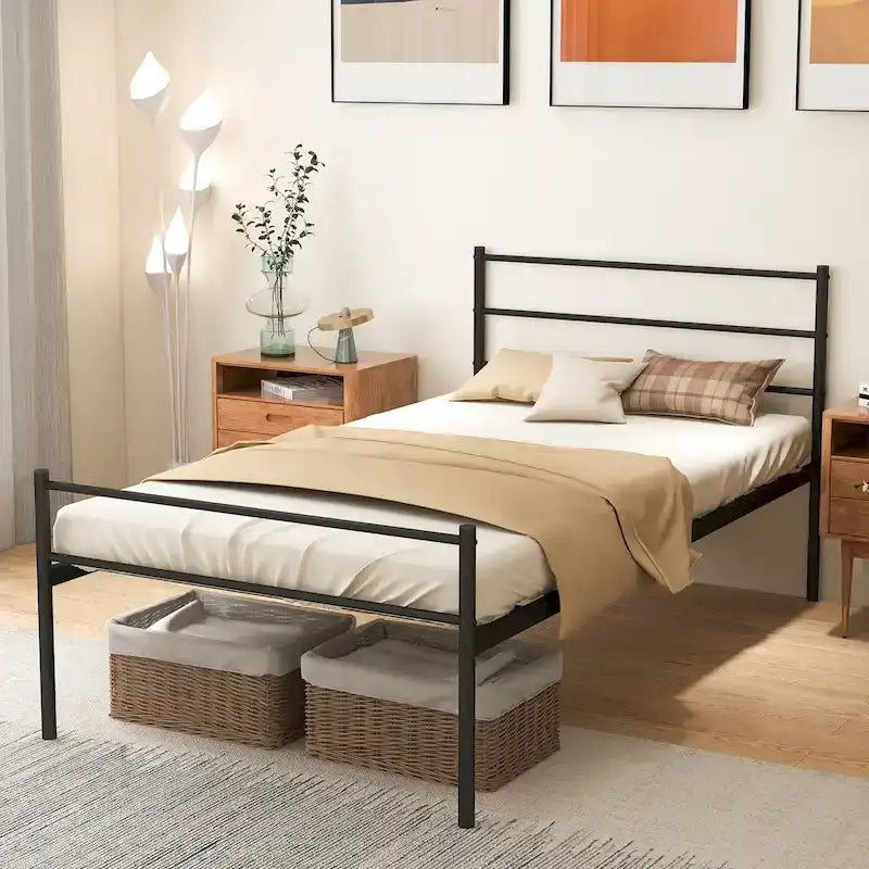 Letto a piattaforma singolo in metallo nero/argento con testiera e pediera