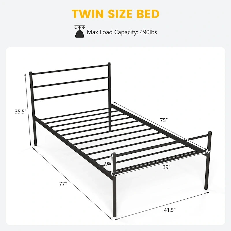 Letto a piattaforma singolo in metallo nero/argento con testiera e pediera