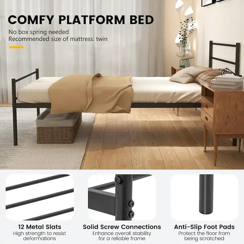Letto a piattaforma singolo in metallo nero/argento con testiera e pediera