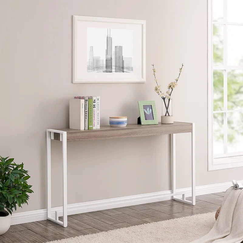 Rovere Bruciato / Grigio Invecchiato / Tabacco Scuro / Grigio Moka / Tavolino Consolle Industriale Stretto Nero in MDF per 1 Persona