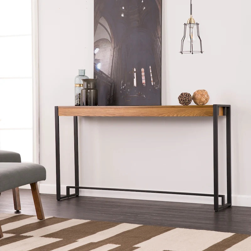 Rovere Bruciato / Grigio Invecchiato / Tabacco Scuro / Grigio Moka / Tavolino Consolle Industriale Stretto Nero in MDF per 1 Persona