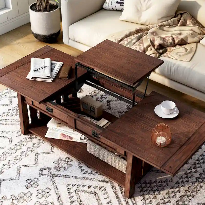 Tavolino da caffè con piano sollevabile stile Mission in legno di gomma grigio antico/rovere scuro con ripiano inferiore per 1 persona