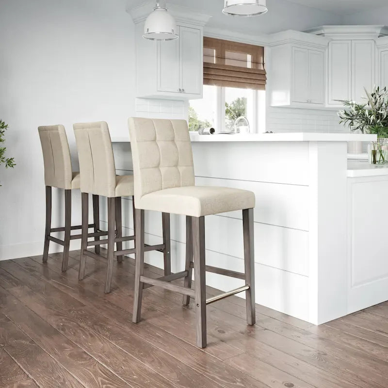 Sgabello da bar imbottito in PU bianco/argento/antracite/beige/PU nero con schienale trapuntato e gambe in legno per 1 persona