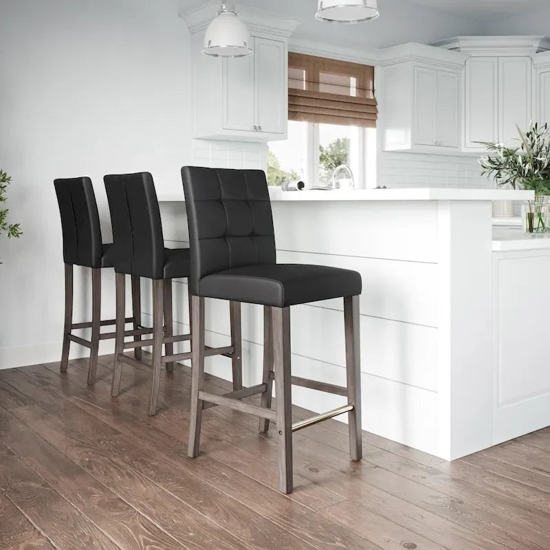 Sgabello da bar imbottito in PU bianco/argento/antracite/beige/PU nero con schienale trapuntato e gambe in legno per 1 persona