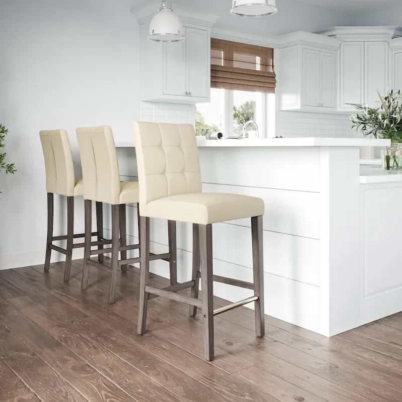Sgabello da bar imbottito in PU bianco/argento/antracite/beige/PU nero con schienale trapuntato e gambe in legno per 1 persona