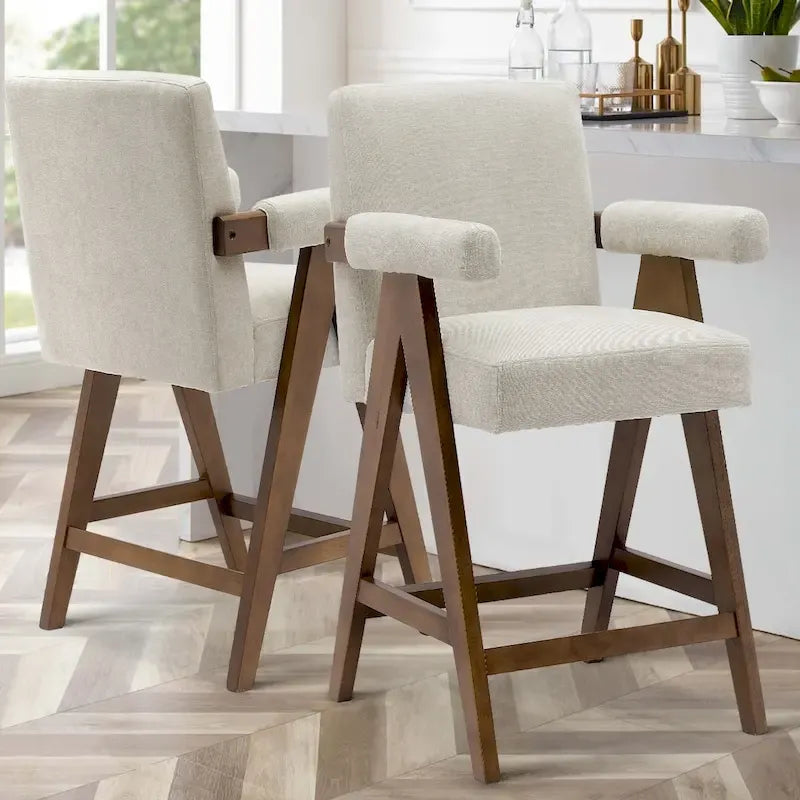 Sgabello Mid-Century Modern da banco in tessuto beige / verde / terra con gambe in legno di noce per 1 persona