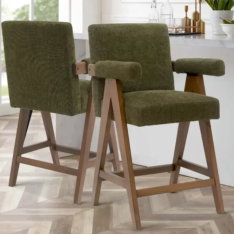 Sgabello Mid-Century Modern da banco in tessuto beige / verde / terra con gambe in legno di noce per 1 persona