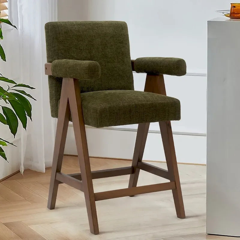 Sgabello Mid-Century Modern da banco in tessuto beige / verde / terra con gambe in legno di noce per 1 persona