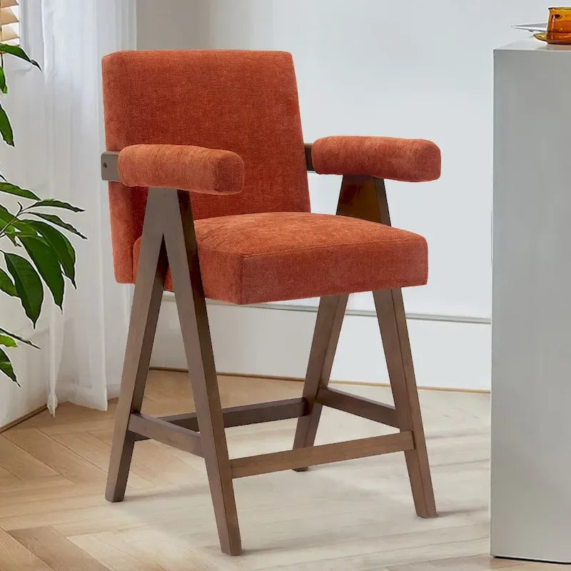 Sgabello Mid-Century Modern da banco in tessuto beige / verde / terra con gambe in legno di noce per 1 persona