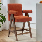 Sgabello Mid-Century Modern da banco in tessuto beige / verde / terra con gambe in legno di noce per 1 persona