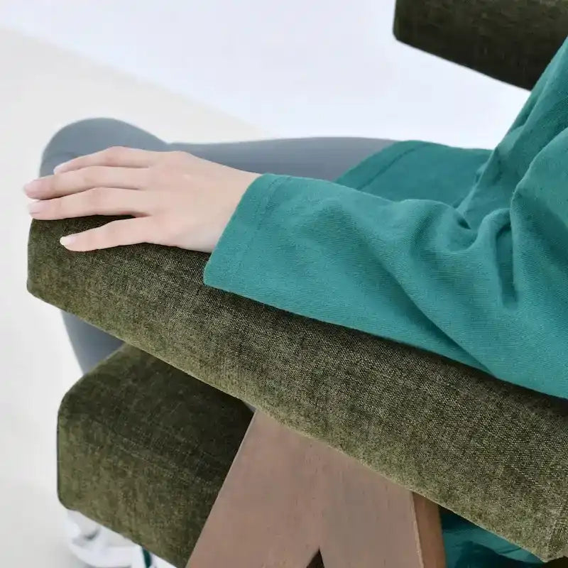 Sgabello Mid-Century Modern da banco in tessuto beige / verde / terra con gambe in legno di noce per 1 persona