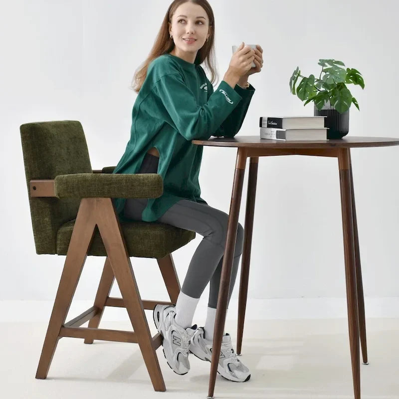 Sgabello Mid-Century Modern da banco in tessuto beige / verde / terra con gambe in legno di noce per 1 persona