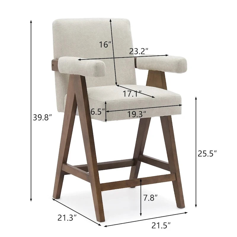 Sgabello Mid-Century Modern da banco in tessuto beige / verde / terra con gambe in legno di noce per 1 persona