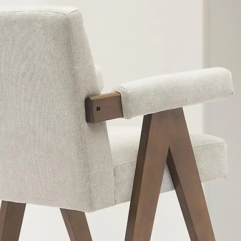 Sgabello Mid-Century Modern da banco in tessuto beige / verde / terra con gambe in legno di noce per 1 persona