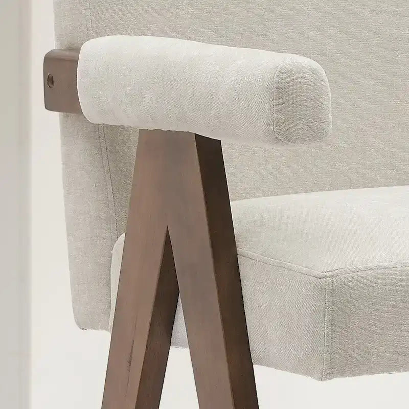 Sgabello Mid-Century Modern da banco in tessuto beige / verde / terra con gambe in legno di noce per 1 persona