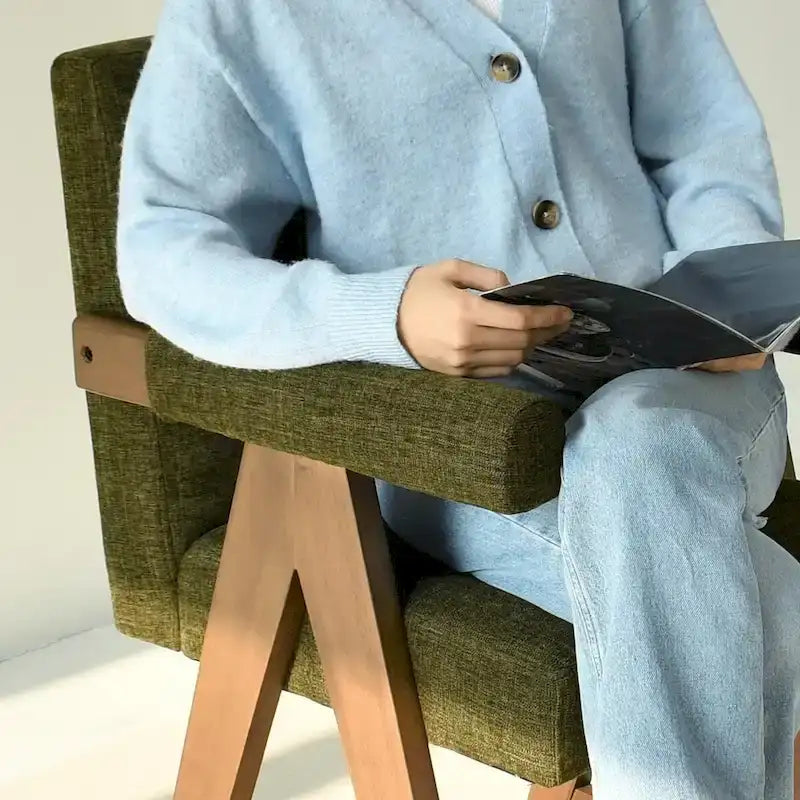 Sgabello Mid-Century Modern da banco in tessuto beige / verde / terra con gambe in legno di noce per 1 persona