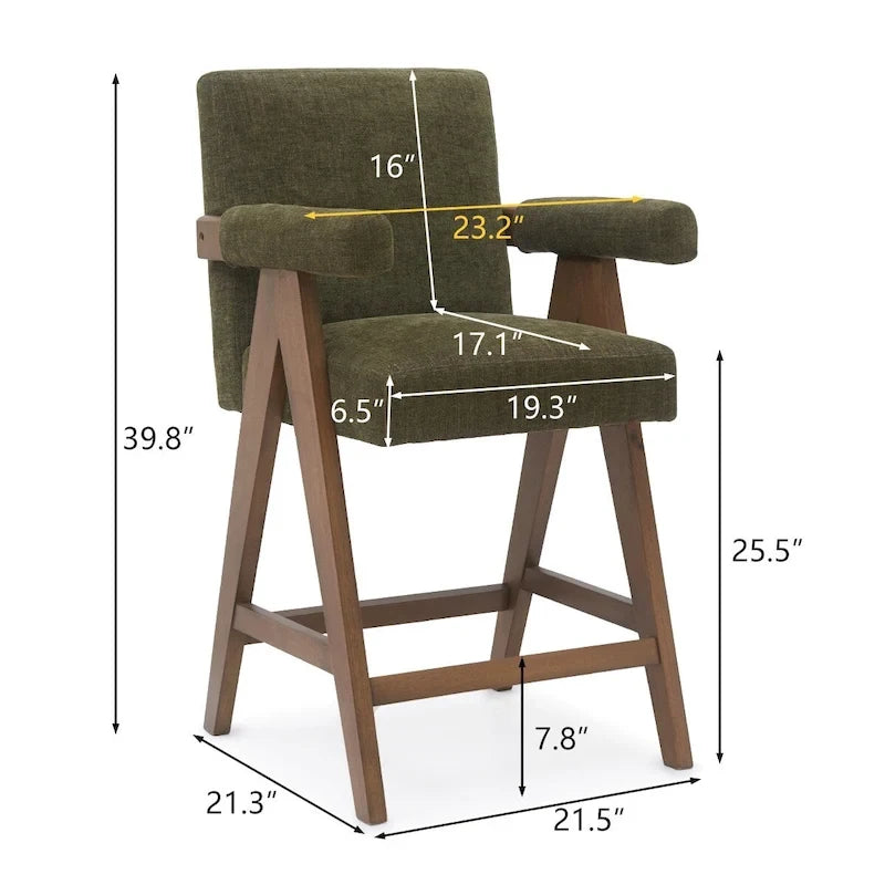 Sgabello Mid-Century Modern da banco in tessuto beige / verde / terra con gambe in legno di noce per 1 persona