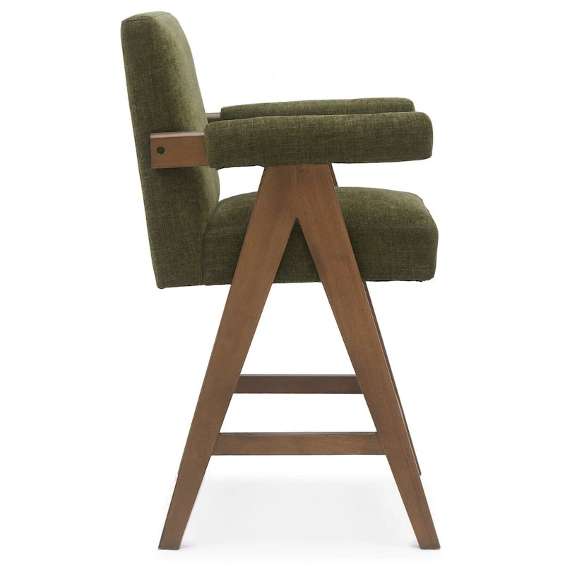 Sgabello Mid-Century Modern da banco in tessuto beige / verde / terra con gambe in legno di noce per 1 persona
