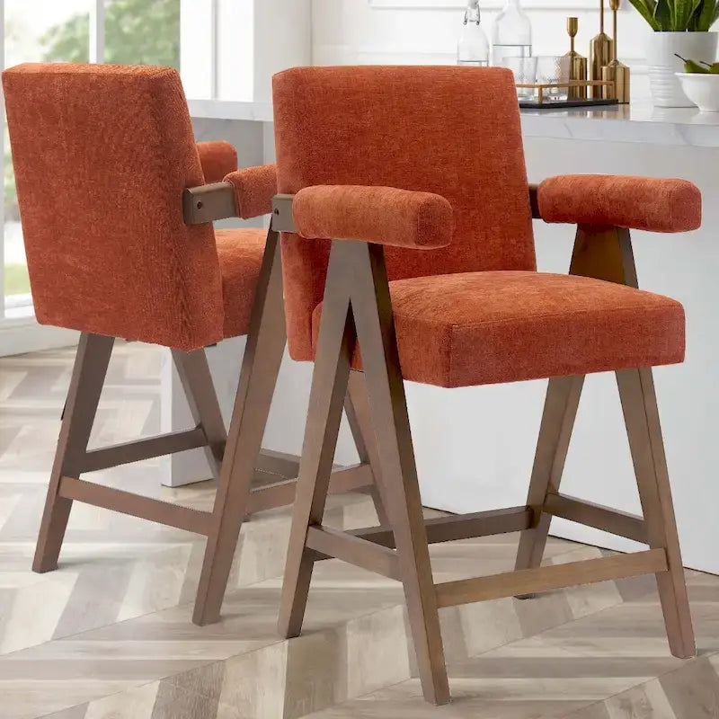 Sgabello Mid-Century Modern da banco in tessuto beige / verde / terra con gambe in legno di noce per 1 persona