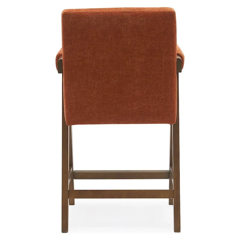 Sgabello Mid-Century Modern da banco in tessuto beige / verde / terra con gambe in legno di noce per 1 persona