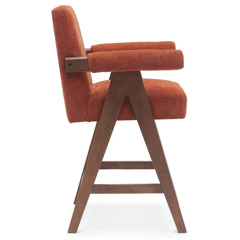 Sgabello Mid-Century Modern da banco in tessuto beige / verde / terra con gambe in legno di noce per 1 persona