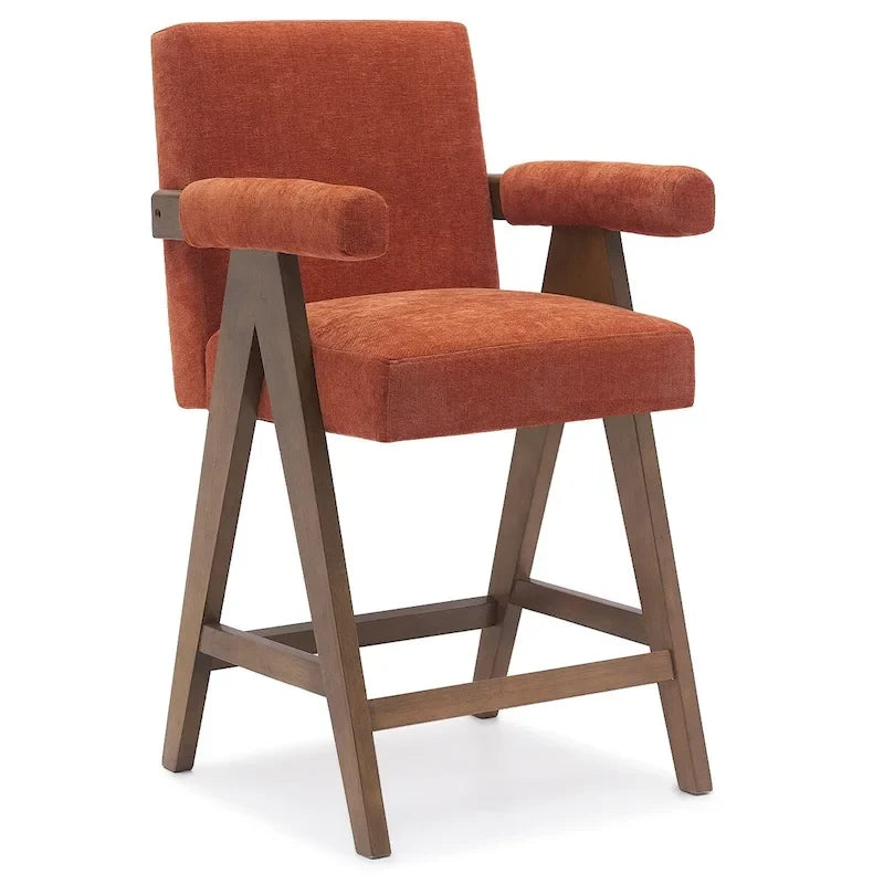 Sgabello Mid-Century Modern da banco in tessuto beige / verde / terra con gambe in legno di noce per 1 persona