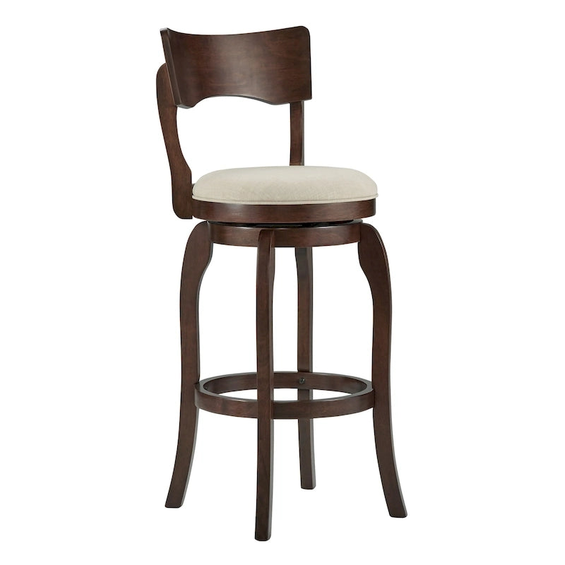 Sgabello da bar girevole in legno di caucciù beige/grigio scuro/grigio/marrone, con seduta imbottita e poggiapiedi, per 1 persona