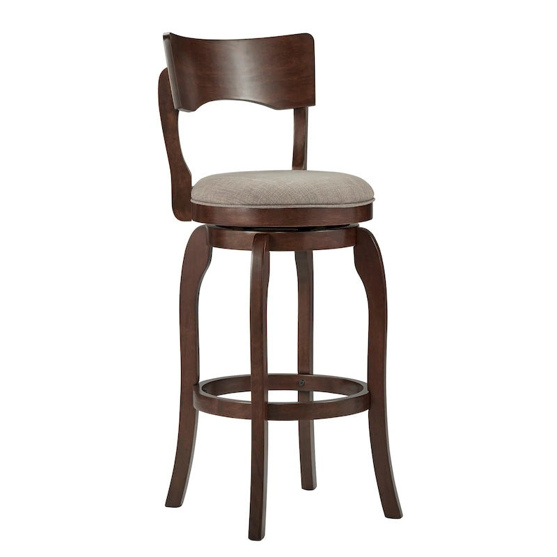 Sgabello da bar girevole in legno di caucciù beige/grigio scuro/grigio/marrone, con seduta imbottita e poggiapiedi, per 1 persona