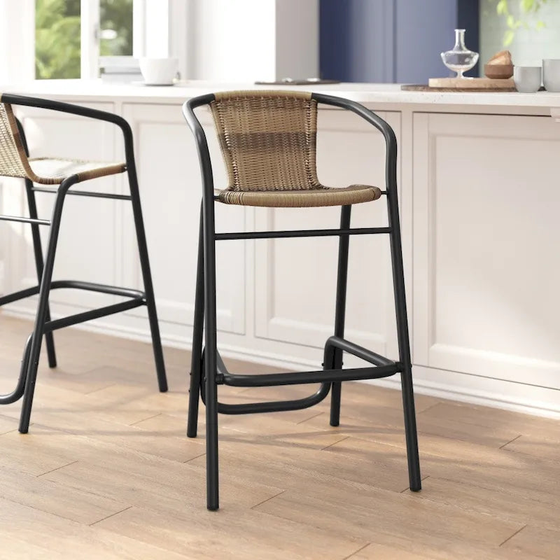 Sgabello da bar per interni/esterni in rattan PE nero/marrone medio/grigio con telaio e poggiapiedi in alluminio per 1 persona