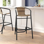Sgabello da bar per interni/esterni in rattan PE nero/marrone medio/grigio con telaio e poggiapiedi in alluminio per 1 persona