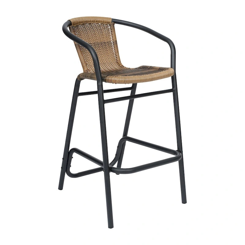 Sgabello da bar per interni/esterni in rattan PE nero/marrone medio/grigio con telaio e poggiapiedi in alluminio per 1 persona