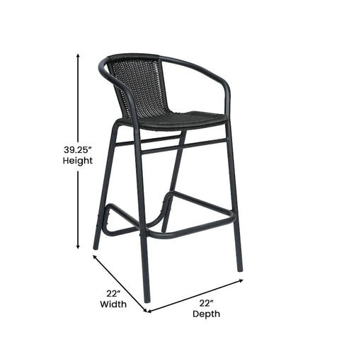 Sgabello da bar per interni/esterni in rattan PE nero/marrone medio/grigio con telaio e poggiapiedi in alluminio per 1 persona