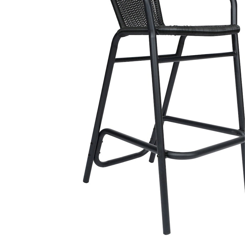 Sgabello da bar per interni/esterni in rattan PE nero/marrone medio/grigio con telaio e poggiapiedi in alluminio per 1 persona