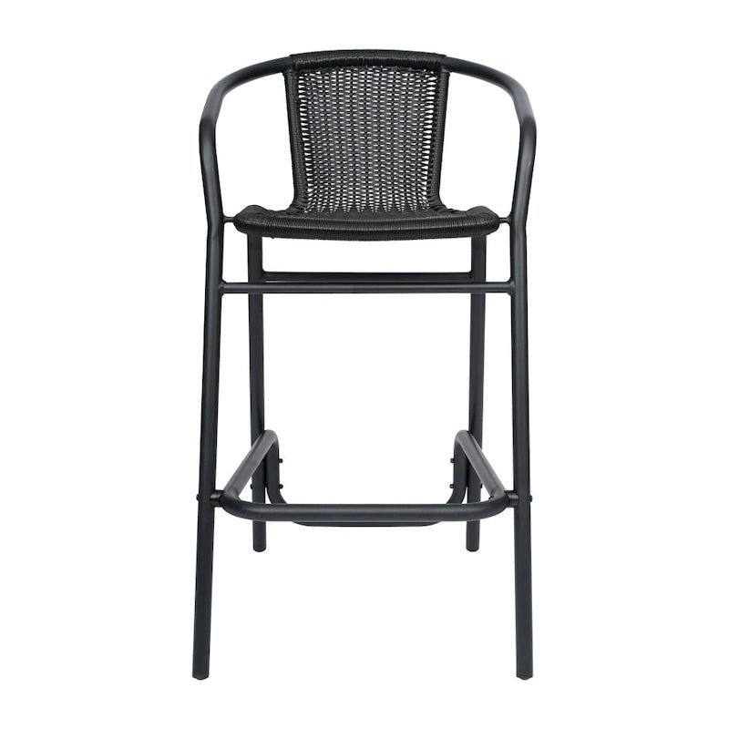 Sgabello da bar per interni/esterni in rattan PE nero/marrone medio/grigio con telaio e poggiapiedi in alluminio per 1 persona