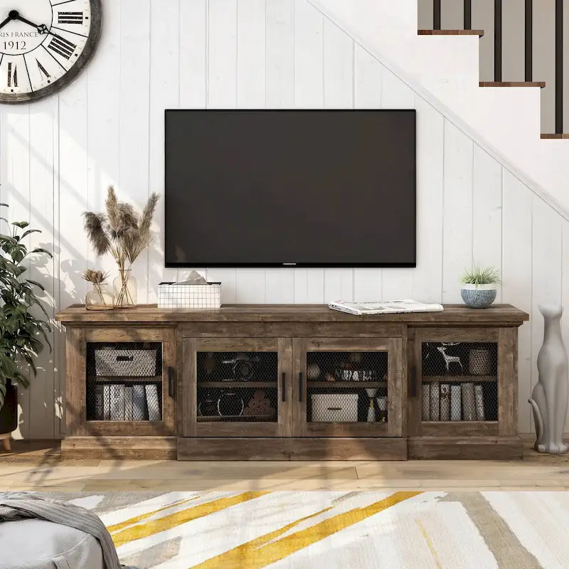 Mobile TV a 6 ripiani in MDF di rovere di recupero con ante in rete metallica per 1 persona
