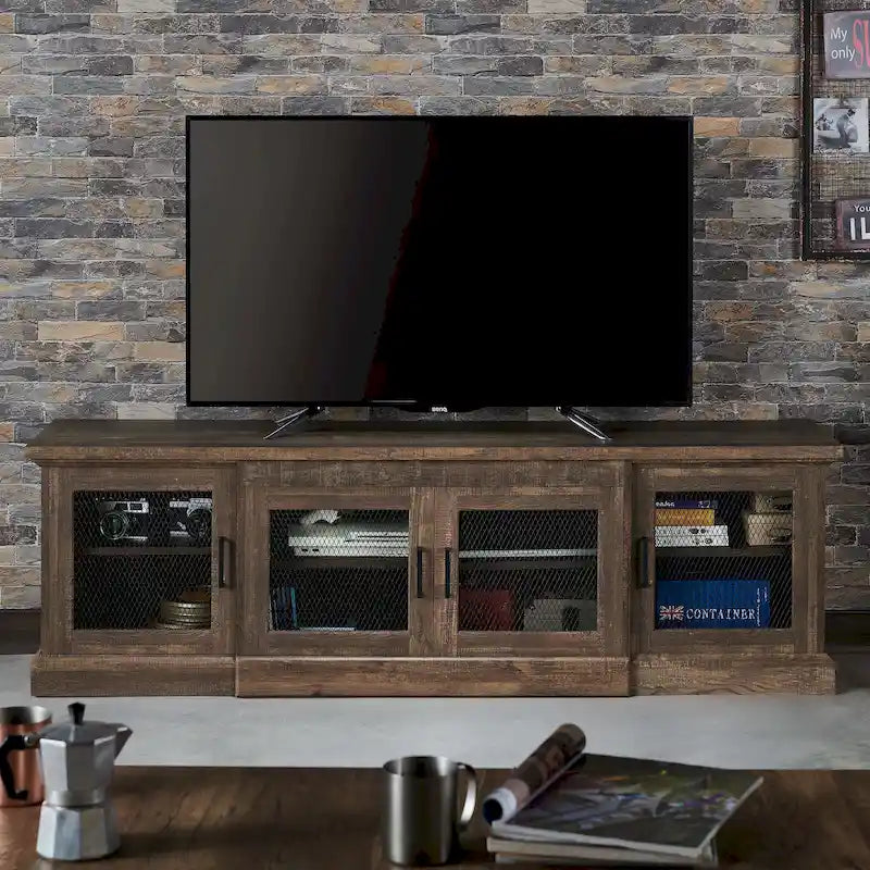 Mobile TV a 6 ripiani in MDF di rovere di recupero con ante in rete metallica per 1 persona