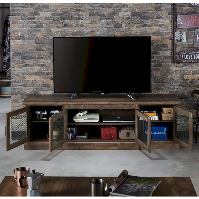 Mobile TV a 6 ripiani in MDF di rovere di recupero con ante in rete metallica per 1 persona