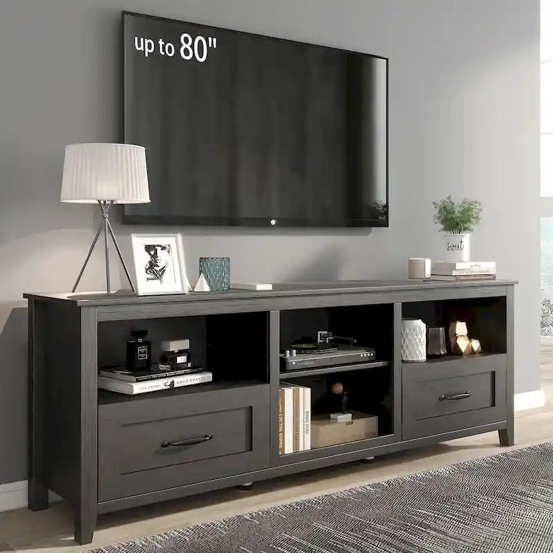Mobile TV industriale in MDF nero con 4 scomparti aperti e 2 cassetti per 1 persona