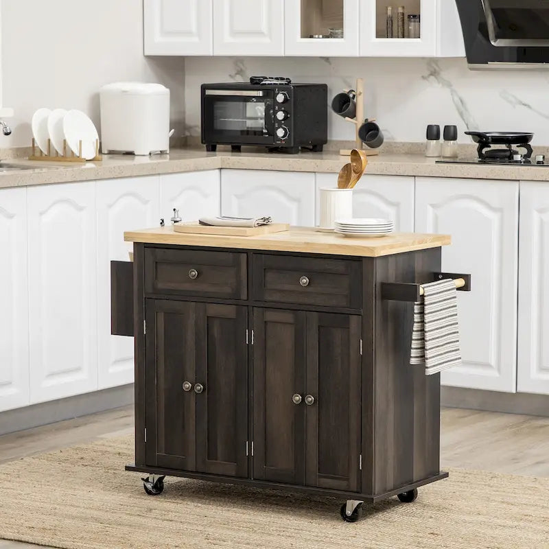Carrello da Cucina in Quercia Marrone con Piano in Legno di Gomma, Portaspezie e Cassetti per 1 Persona