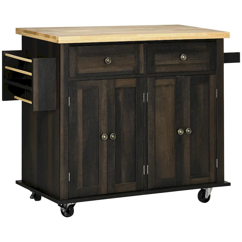 Carrello da Cucina in Quercia Marrone con Piano in Legno di Gomma, Portaspezie e Cassetti per 1 Persona